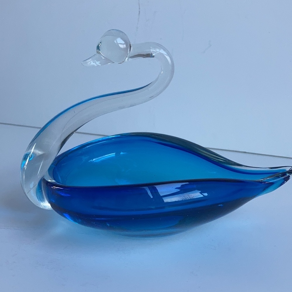 Blue art glass swan clear glass neck and head candy trinket dish Duncan Miller?